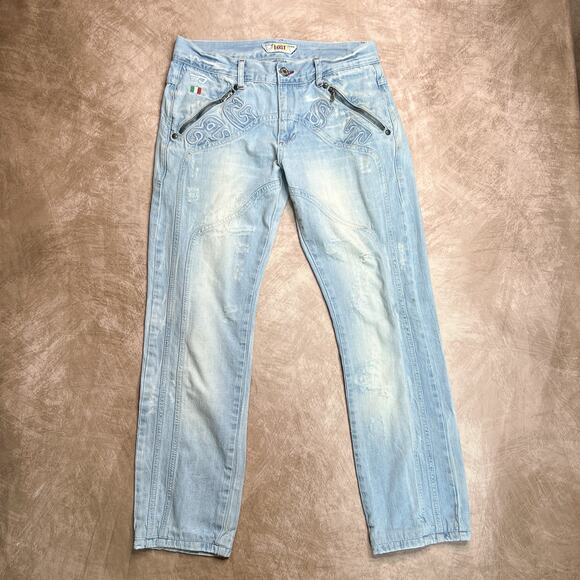 EGST Egoiste Design Low Rise Embroidered Distressed Jeans Light Wash Denim Euro - Picture 3 of 12